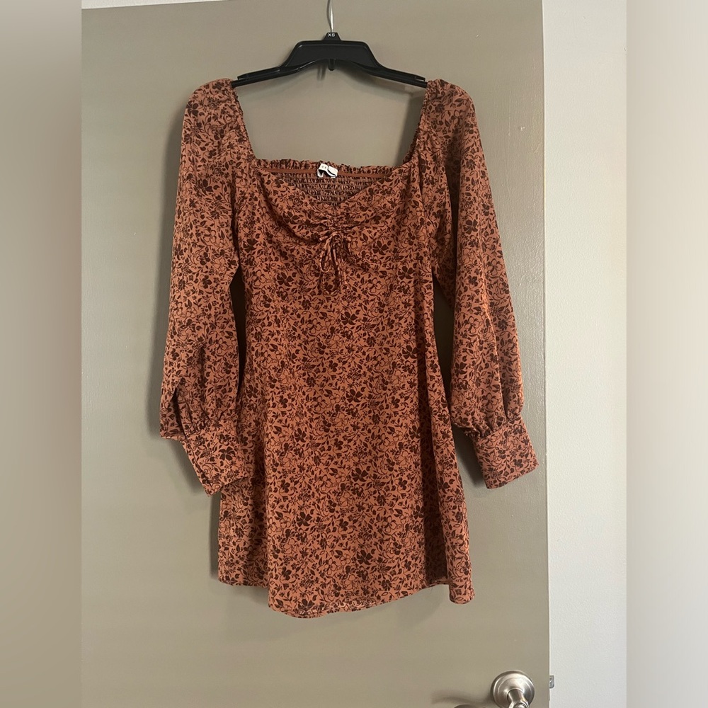 Burnt orange mini dress with flowers, size small